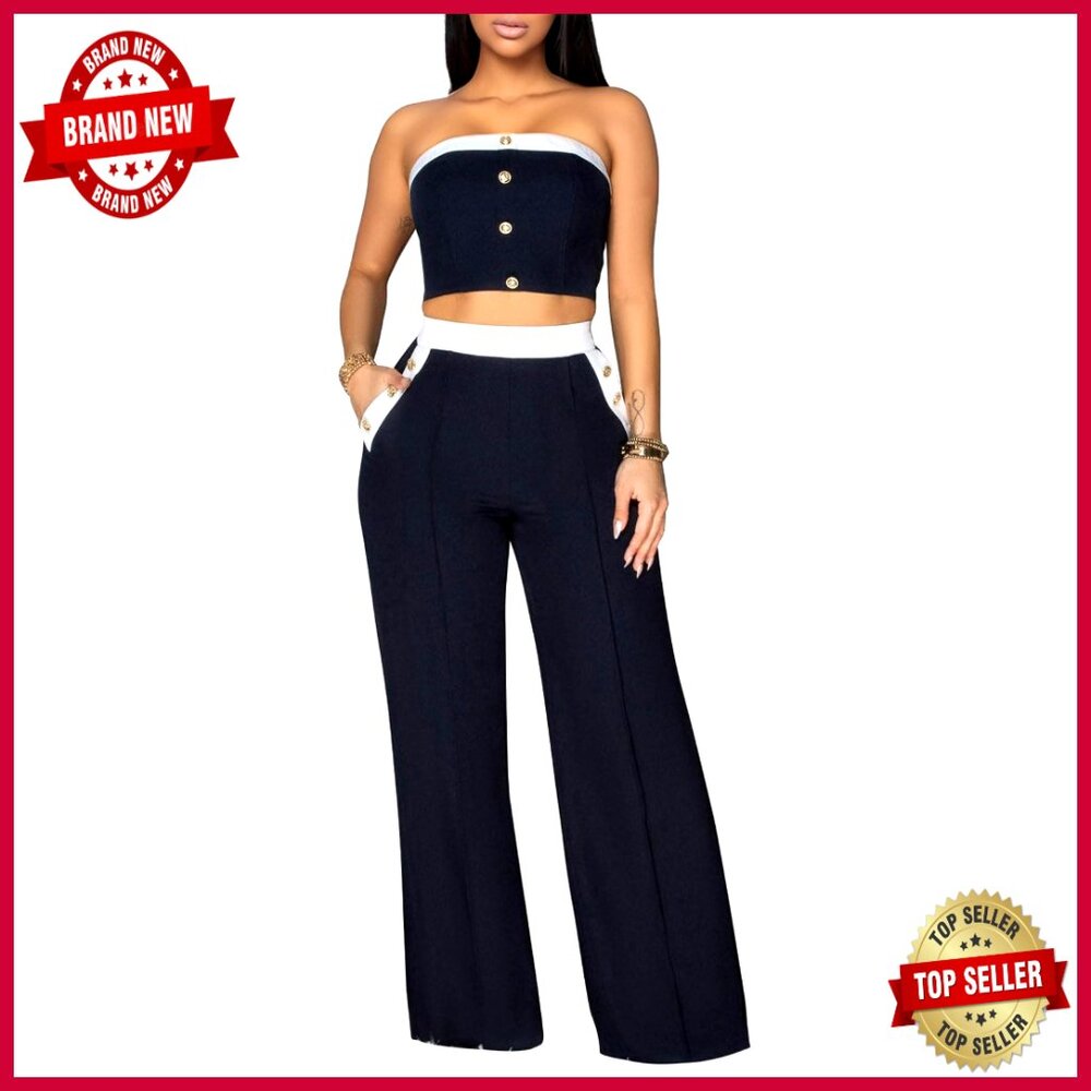 Strapless Tube Top & High Waist Wide Leg Pants Set Medium Polyester Spandex